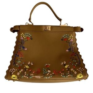 Embroidered Floral Satchel Brown Top Handle Purse Boho Style Detachable Straps